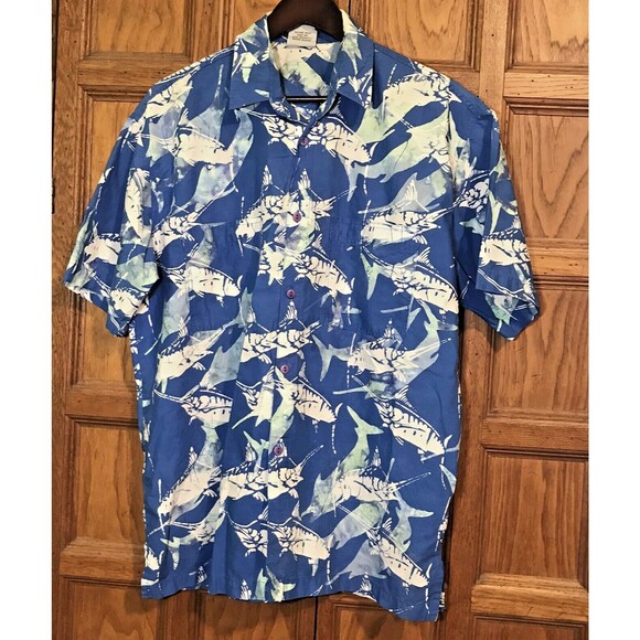 Rum Reggae Hawaiian Shirt Men L Blue Batik Swordfish All Over Print SS Button Up - Picture 1 of 9